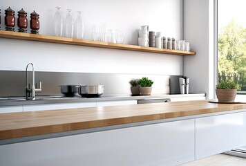a modern kitchen set up with wood countertop and white shelves, generative ai