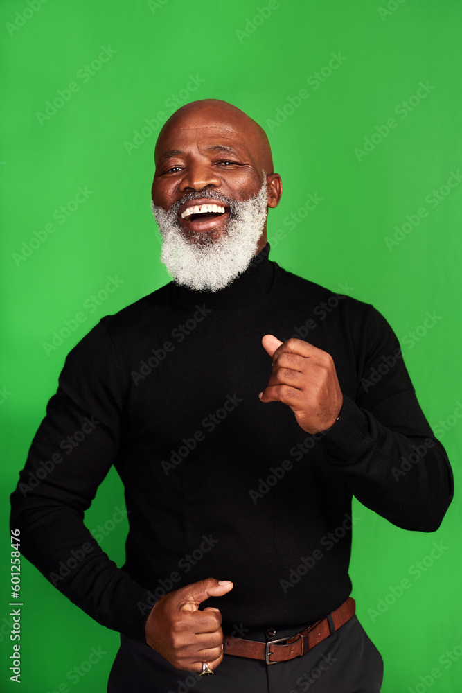 Poster Happy, dance and portrait of black man on green screen for celebration, music or excited. Happiness, smile and energy with senior person dancing isolated on studio background for freedom and movement