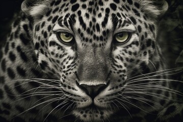 Fotografía en blanco y negro de un leopardo. Retrato.