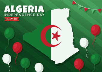 Happy Algeria Independence Day Vector Illustration with Waving Flag in Flat Cartoon Hand Drawn Landing Page Green Background Templates