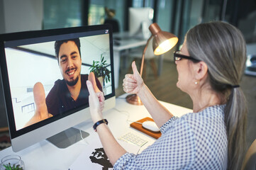 Online meeting, thumbs up and business team in agreement on video call or webinar of a startup...