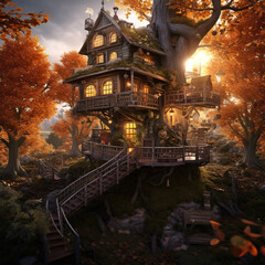 Fototapeta premium Digital art of a treehouse in a forest created using generative AI.