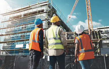 Construction, engineer team and building project with people planning development and architecture. Black woman and men together for project management, engineering and assessment outdoor in city