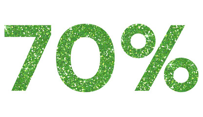 Green glitter 70% on transparent background. 70 percent. Sales concept. Design for decorating, background, wallpaper, illustration.