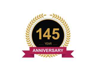145th Anniversary Celebration. Anniversary logo design with golden color laurel wreath for birthday celebration event, invitation, greeting card, banner, poster, flyer, flyer.