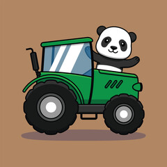 Cute panda cartoon character driving a tractor. Vector illustration.