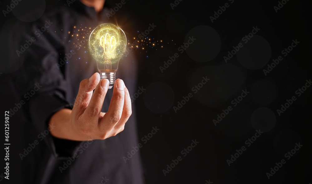 Poster businessmen touching palm light bulbs with glowing virtual brains and wire connected with imaginativ