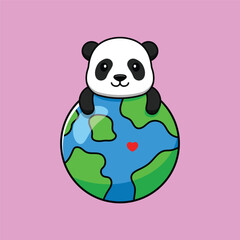 Cute panda cartoon character holding the world globe. Vector illustration.