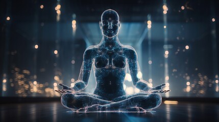 Human meditate in lotus pose with blue energy flow through his body. Transcendental yoga or prayer. Generative AI