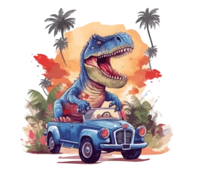 Zelfklevend Fotobehang T-Rex Riding on Truck , Cartoon dinosaur characters driving , Generate Ai © sanong
