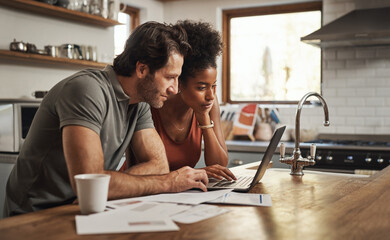 Laptop, couple and financial planning in a kitchen with documents for budget, savings and paying...