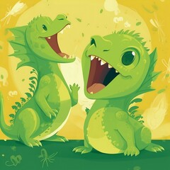 Obraz premium Two cute green baby dragons on the yellow background created with Generative AI technology