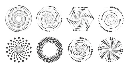 Dotted circles pattern. Abstract half tone graphic set. Circular textured round spiral frames. Vector swirl geometric rings with gradation.