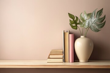 Modern Interior Design with Empty Bookshelf, Wooden Wall, Plants and Decorative Shelf for Home Decoration Concept. Generative AI illustrations. 