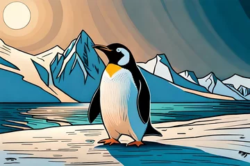 Gardinen a penguin is looking up at the evening sky Antarctica .Comic style Generative AI. © Tosca Digital
