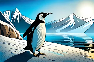 Fototapeten a penguin is on the ice hill Antarctica.Comic style Generative AI. © Tosca Digital