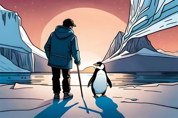 Foto op Plexiglas a person and a penguin are watching the sunset Antarctica.Comic style Generative AI. © Tosca Digital