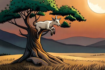 A tree climbing goat in the afternoon is up in a tree alone evening.Comic style Generative AI.