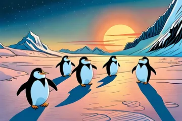 Fototapeten Five penguins are gathering in Antarctica ice.Comic style Generative AI. © Tosca Digital
