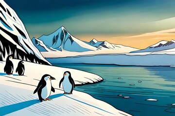 four penguins are huddled in the snow and near the sea.Comic style Generative AI.