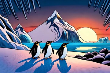 three penguins are walking near the sea antarctica.Comic style Generative AI.