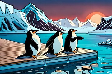 three penguins are playing on the ice antartica, which is close to the sea.Comic style Generative AI.