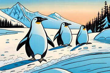 three penguins playing in the snow of Antarctica ice.Comic style Generative AI.