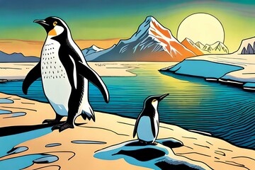 two chick penguins and their mother resting on the world of Antarctic ice.Comic style Generative AI.