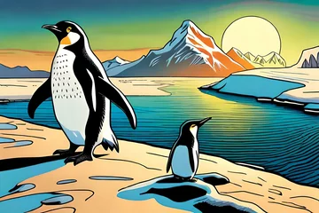 Tuinposter two chick penguins and their mother resting on the world of Antarctic ice.Comic style Generative AI. © Tosca Digital