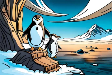Gordijnen Two penguins are on the edge of the world of Antarctic Ocean.Comic style Generative AI. © Tosca Digital