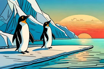 Gardinen Two penguins are relaxing in the afternoon, near the sea ocean.Comic style Generative AI. © Tosca Digital