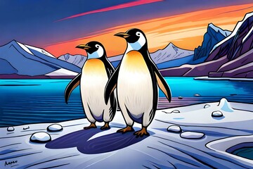 two penguins are together near the sea antarctica.Comic style Generative AI.