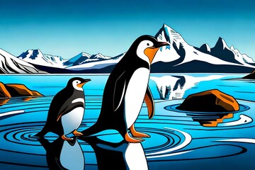 two penguins are walking in the ocean antarctica.Comic style Generative AI.