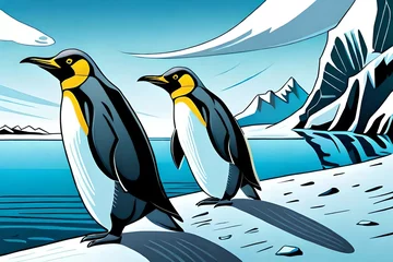  two penguins are walking towards the ocean sea, they are in icy Antarctica.Comic style Generative AI. © Tosca Digital