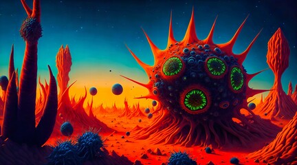 Surreal, alien landscape of a microscopic virus Generative AI