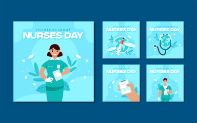 set icon May 12th with happy International Nurses Day concept. illustration of a nurse wearing a surgical mask, stethoscope and medicine on a blue and white background.