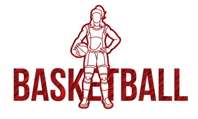 Basketball Font Text Design with Female Sport Player Cartoon Graphic Vector