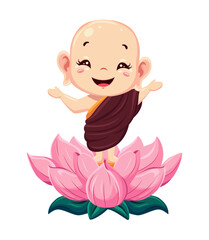 Cute Little Buddha standing on lotus flower. Vesak greeting card clipart.