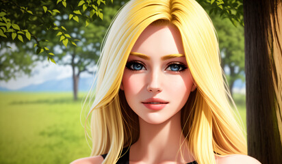 Portrait of a beautiful blonde girl in the park. Generative AI.