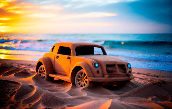 A car made of sand on the beach against the background of the ocean. Generative AI.