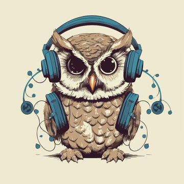 Owl with headphone earphone music hipster cool style vintage retro logo badge vector illustration