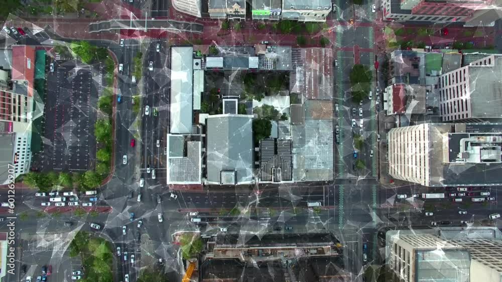 Aufkleber iot, networking and data with buildings in city for digital transformation, internet or cloud comput