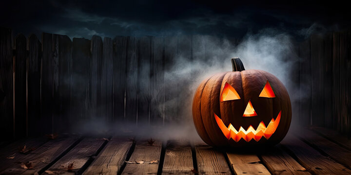 Halloween pumpkin in fog on wooden floor, wooden fence on background, Generative AI