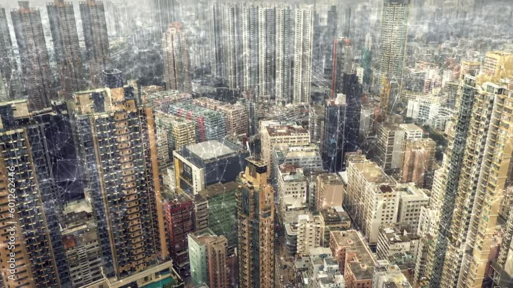 Aufkleber future, networking and data with buildings in city for digital transformation, internet or cloud com