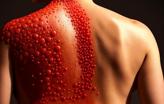 Infections of the skin of the body, Painful rash, red spots blisters. The woman's back is covered with blisters from the epidemic and the virus. Generative AI.