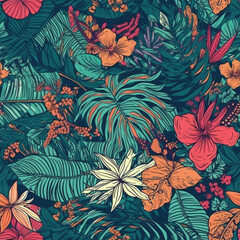 Seamless floral and leaf Pattern Colorful Jungle Wallpaper Generative AI