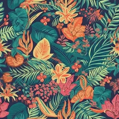 Fotobehang Seamless floral and leaf Pattern Colorful Jungle Wallpaper Generative AI © ST 3Design