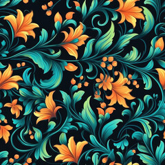 Seamless yellow orange floral and leaf Pattern Colorful Generative AI