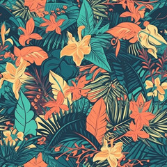 Seamless floral and leaf Pattern Colorful Jungle Wallpaper Generative AI