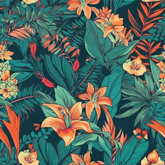 Seamless floral and leaf Pattern Colorful Jungle Wallpaper Generative AI